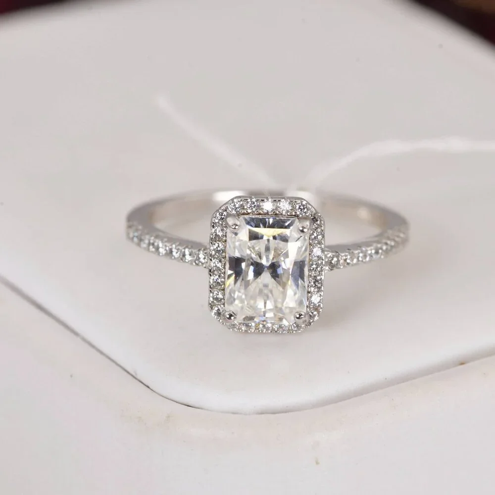 Certified 2.0 ct Halo Radiant Cut Moissanite Engagement Ring 925 Sterling